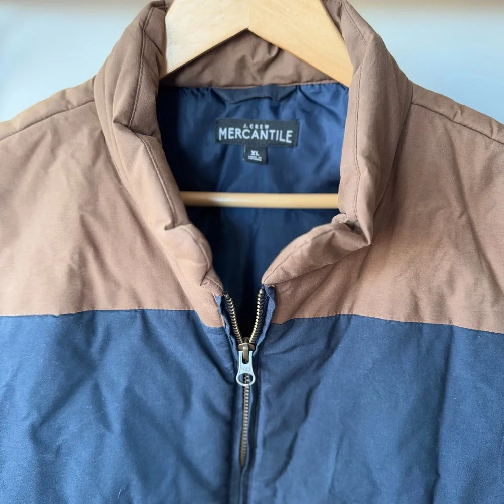 J. Crew Mercantile Navy Blue Brown Tan 2 Tone Cotton Puffer Fisherman Vest Sz XL